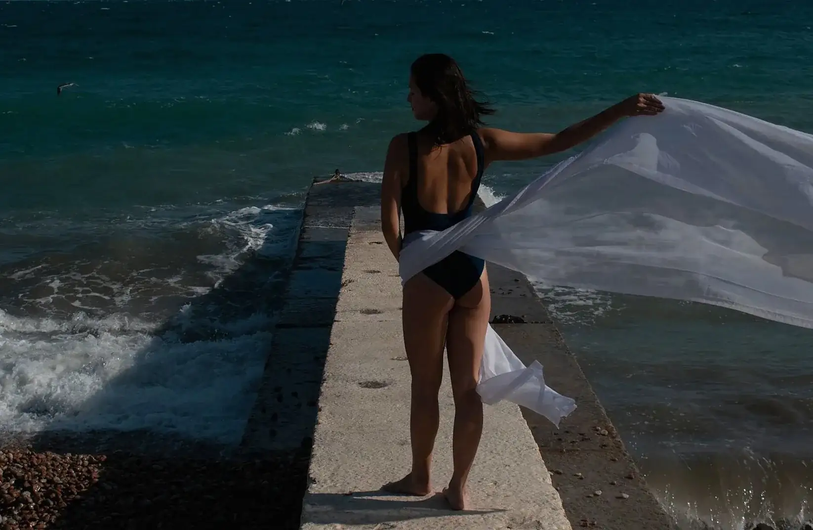 Silhouette of a woman in a black one-piece holding sheer fabric on a stone pier